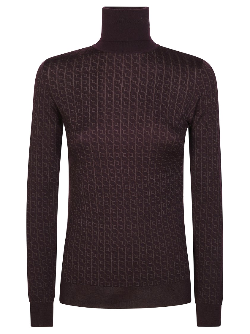 Elisabetta Franchi Fitted Turtleneck Sweater With Textured Pattern In Brown