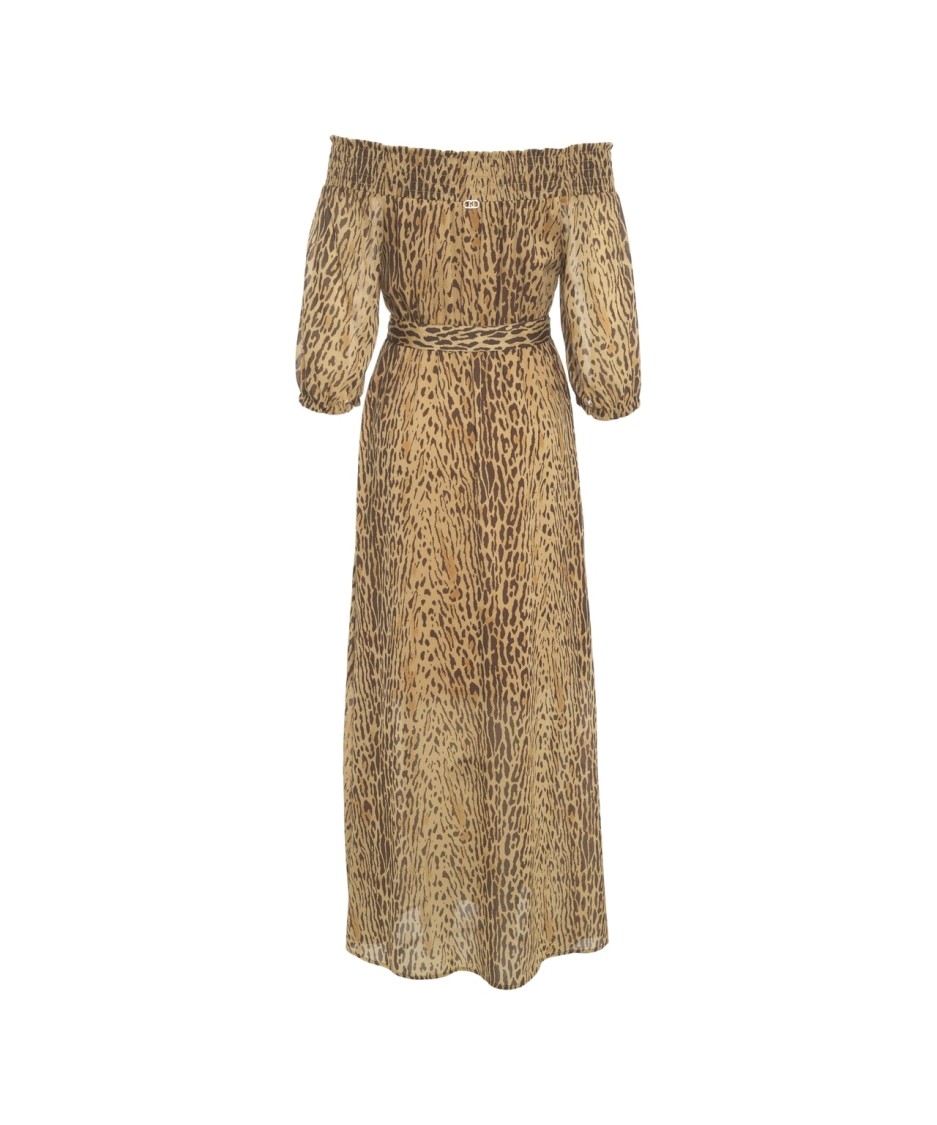 Liu •jo Liu Jo Brown Maxi Dress With Off-shoulder Neckline