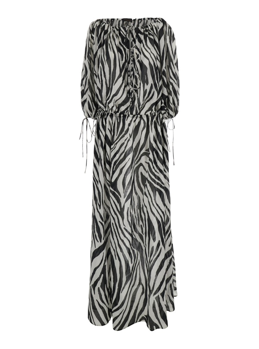 The Andamane Wilma Black And White Long Dress With Long Balloon Sleeves And All-over Zebra Print In Cotton Woman