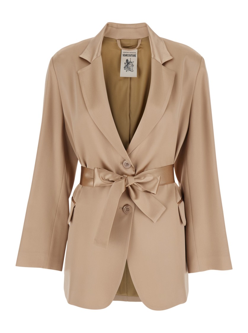 SEMICOUTURE SEMI COUTURE SATIN BLAZER WITH TAILORED SILHOUETTE AND BELTED WAIST