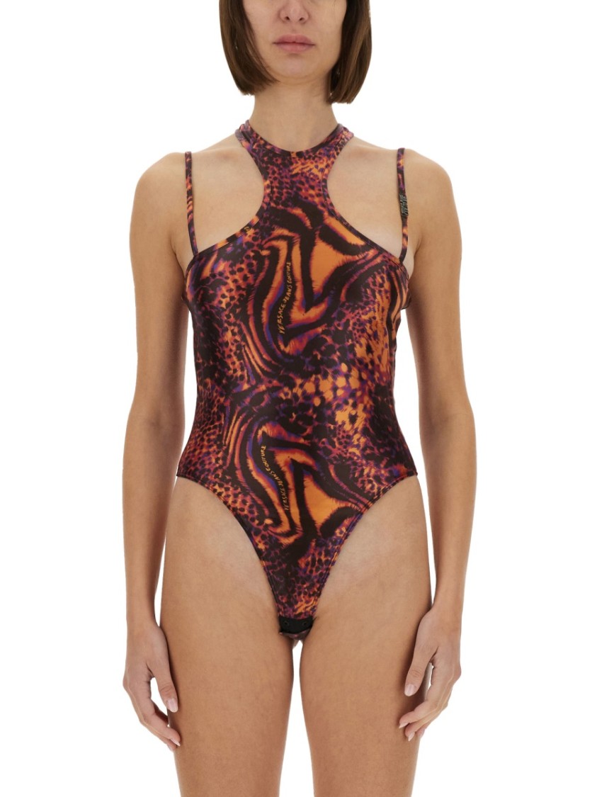 Shop Versace Jeans Couture Abstract Print Slim Fit Leotard With High Neckline In Brown