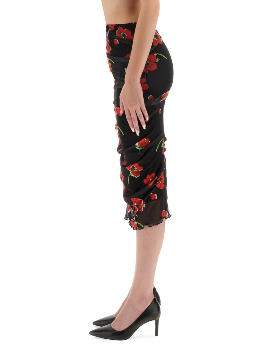 Moschino Scalloped Hem Floral Mesh Midi Skirt In Multi