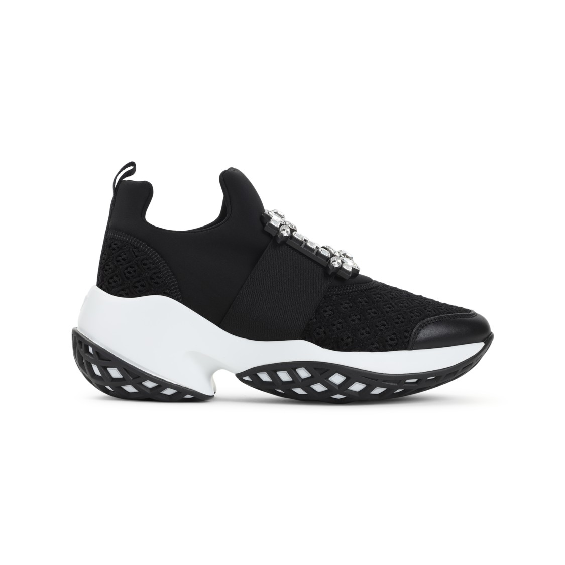 Roger Vivier Roger Viv Mesh Crystal Embellished Slip On Sneakers In Black Nylon