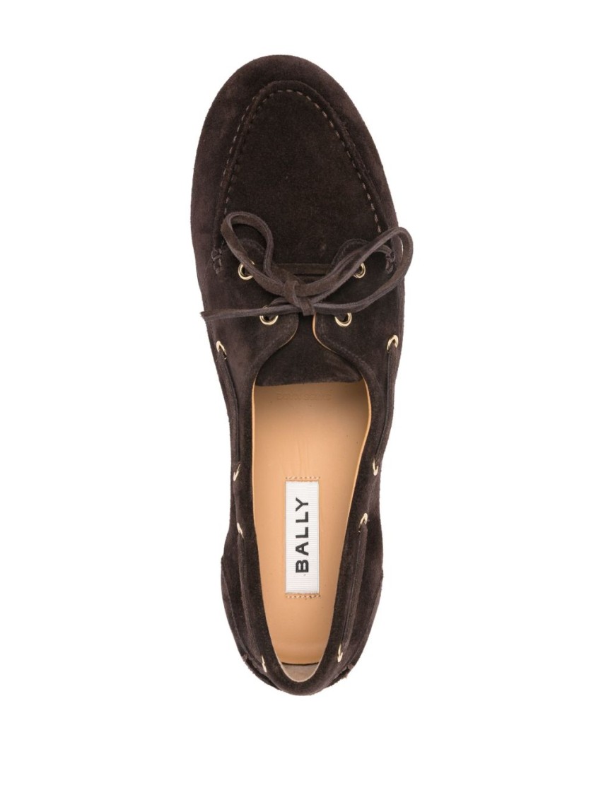 Bally Cedar Brown Leather Moccasins With Panelled Design And Lace-up Detail In Black