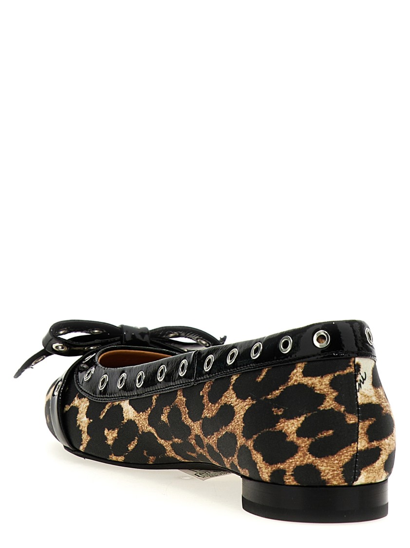 Ganni Multicolor Ballet Flats With Eyelets And All-over Leopard Print