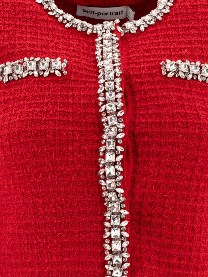 Self-portrait Cropped Textured Knitwear With Crystal Embellishments In Red