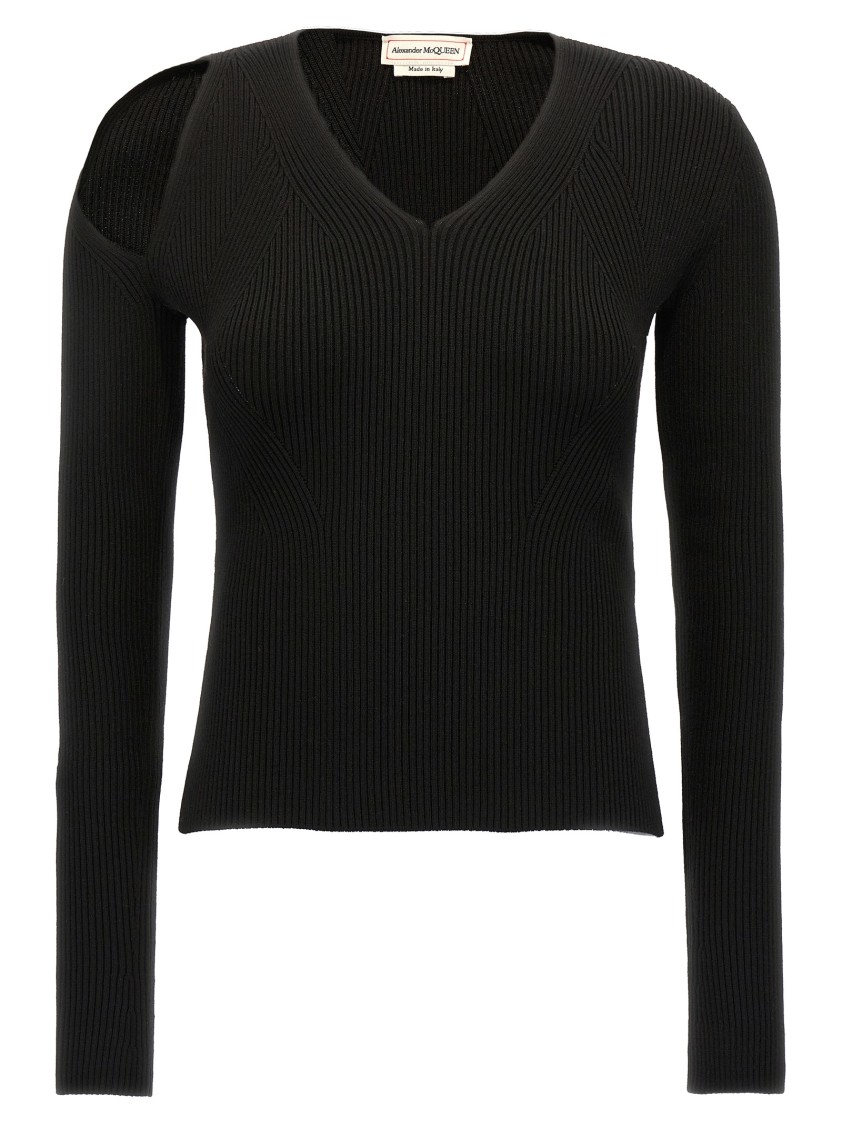 Alexander Mcqueen Mcqueen Fitted Ribbed Wool Sweater With Cut-out Detail In Black