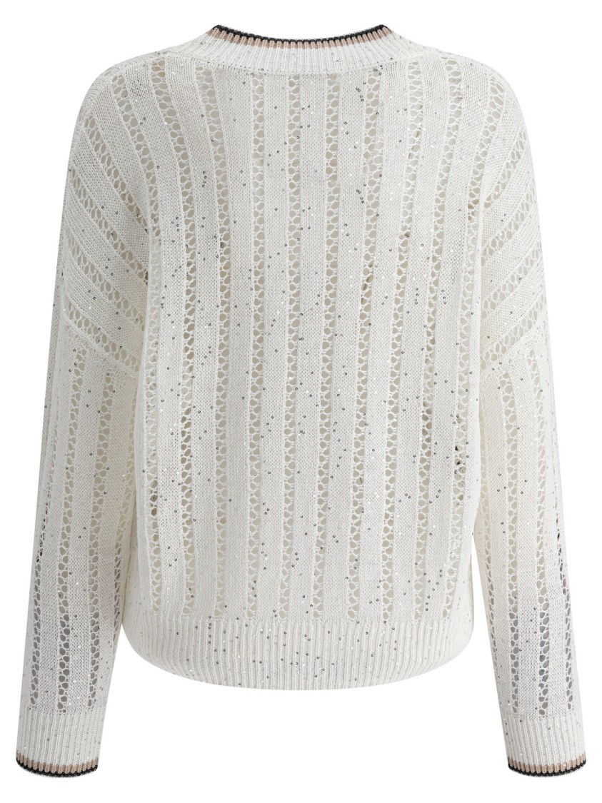 Brunello Cucinelli Open-knit Sweater With Vertical Stripes In White