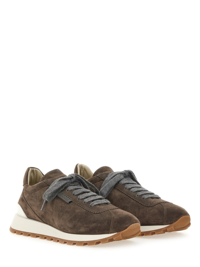 Brunello Cucinelli Brown Low Top Sneakers With Monil Detail On The Side And Embossed Logo Lettering On The Rear In Leat In Gray