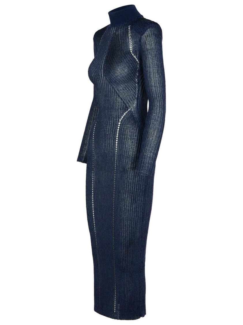 Self-portrait Ribbed Lurex Knit Turtleneck Maxi Dress In Blue