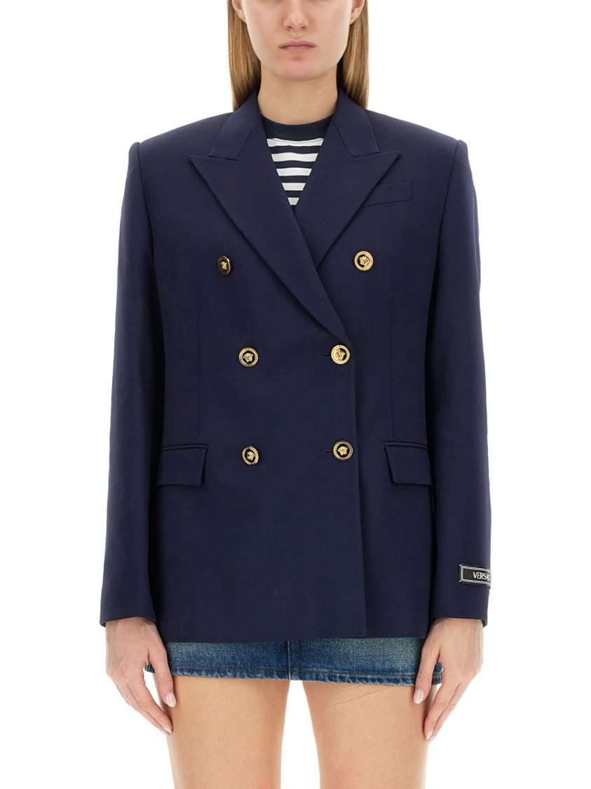 Versace Blue Double-breasted Jacket With Medusa Buttons In Blue