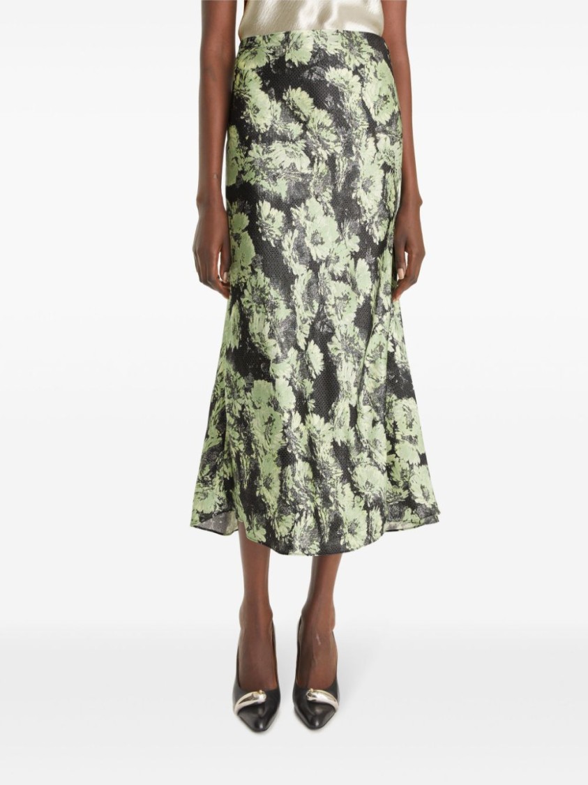 Tory Burch Floral Print Satin Midi Skirt In Green
