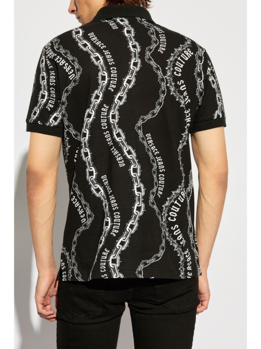 Shop Versace Jeans Couture Black Polo Shirt With Chain Pattern