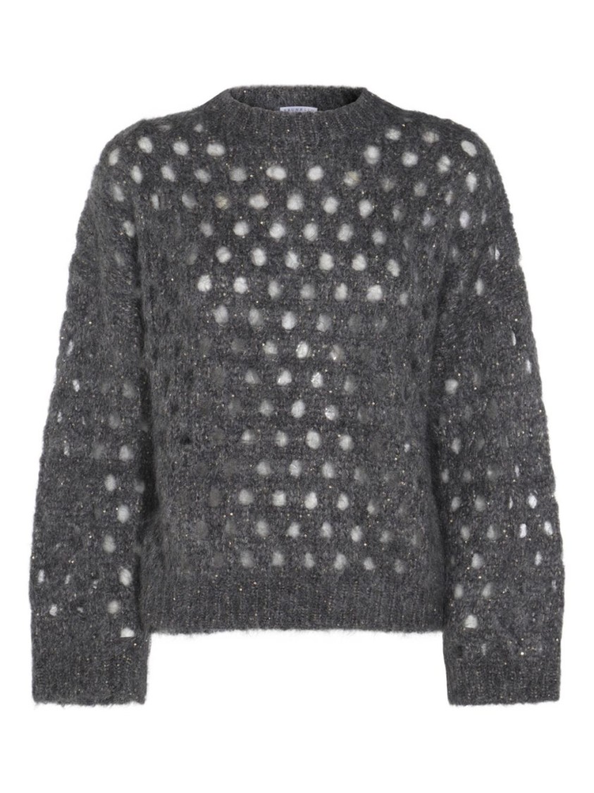 Brunello Cucinelli Open-knit Grey Sweater With Metallic Threads In Gray