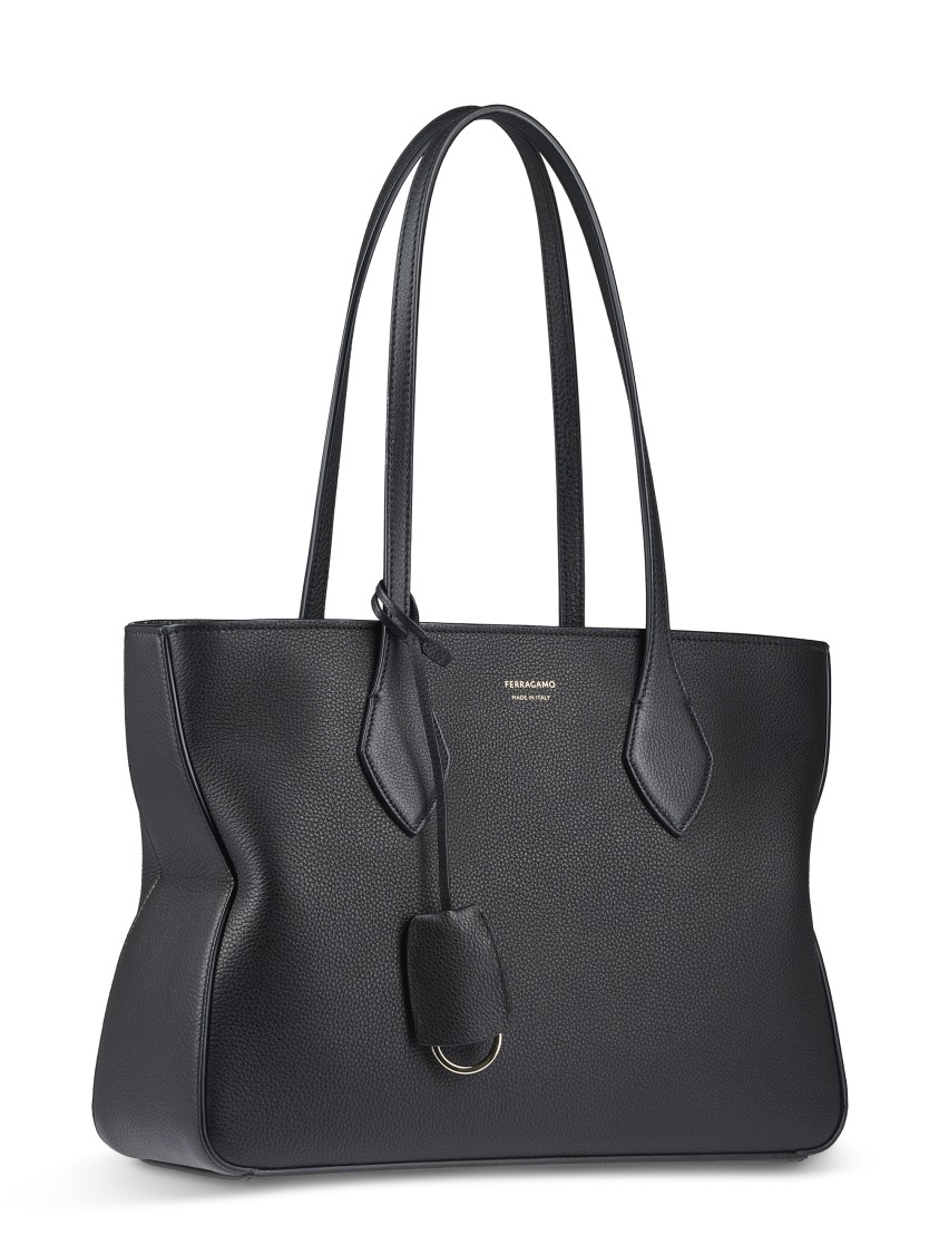 Ferragamo Structured Black Calfskin Handbag With Detachable Charm In Black