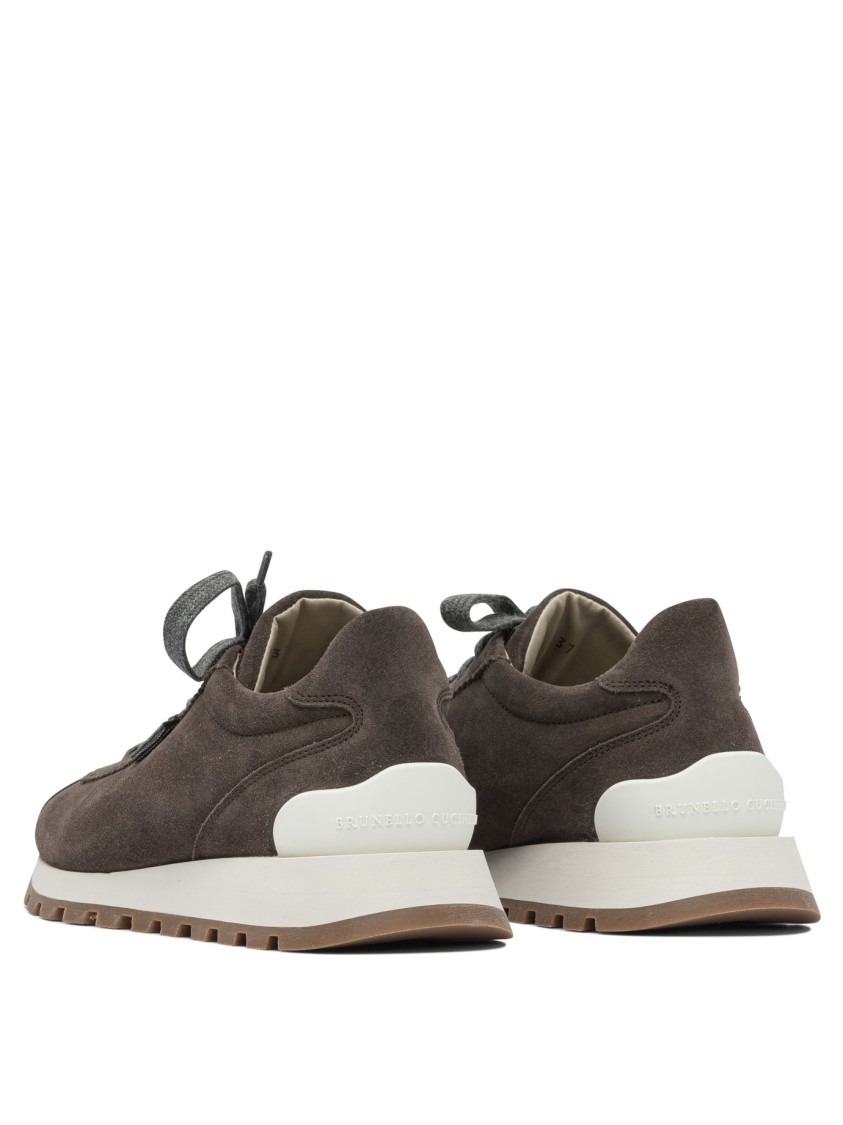 Brunello Cucinelli Suede Sneakers With Shiny Tab In Gray