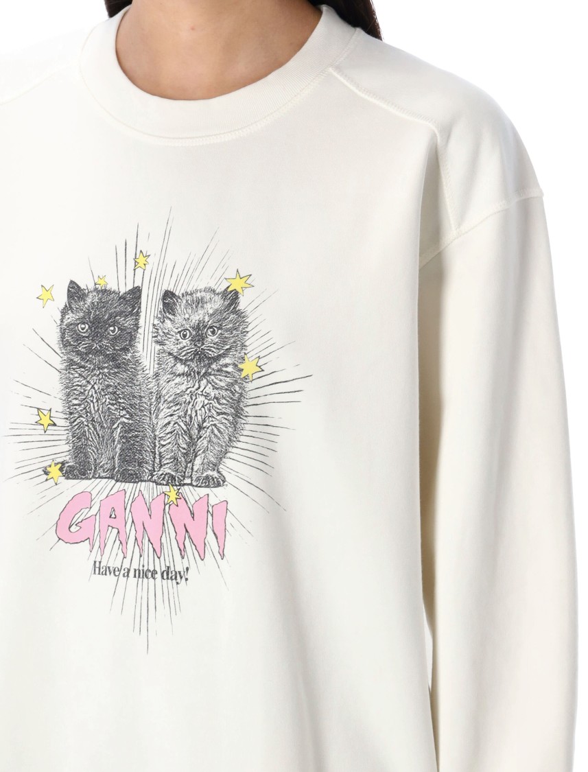 Ganni Off-white Isoli Kittens Drop Shoulder Sweatshirt In White