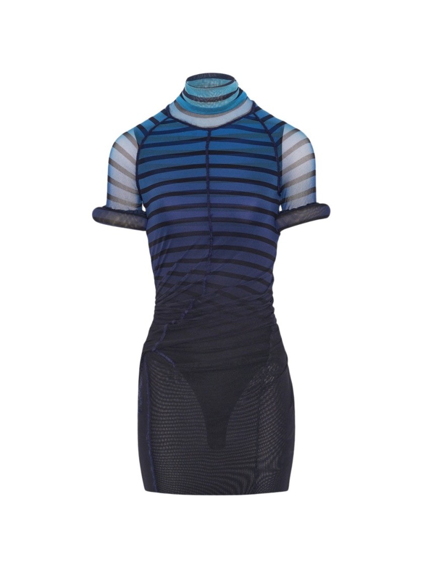 Jean Paul Gaultier Sheer Striped Mesh Dress With Short Sleeves In Blue