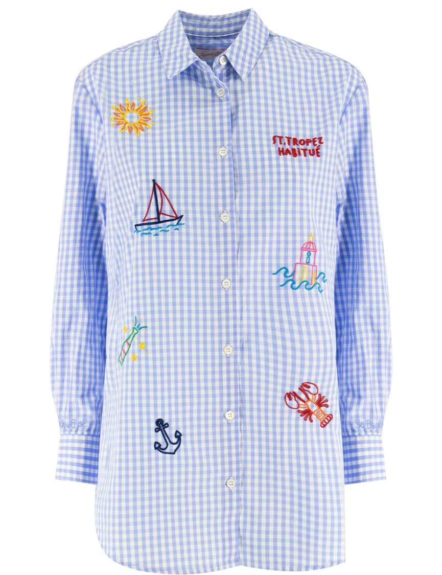Mc2 Saint Barth Long-length Oversized Gingham Shirt With Embroidered Motifs