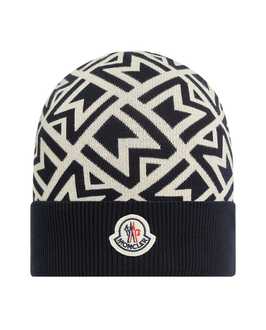 MONCLER MONCLER BEANIE WITH GEOMETRIC M PATTERN