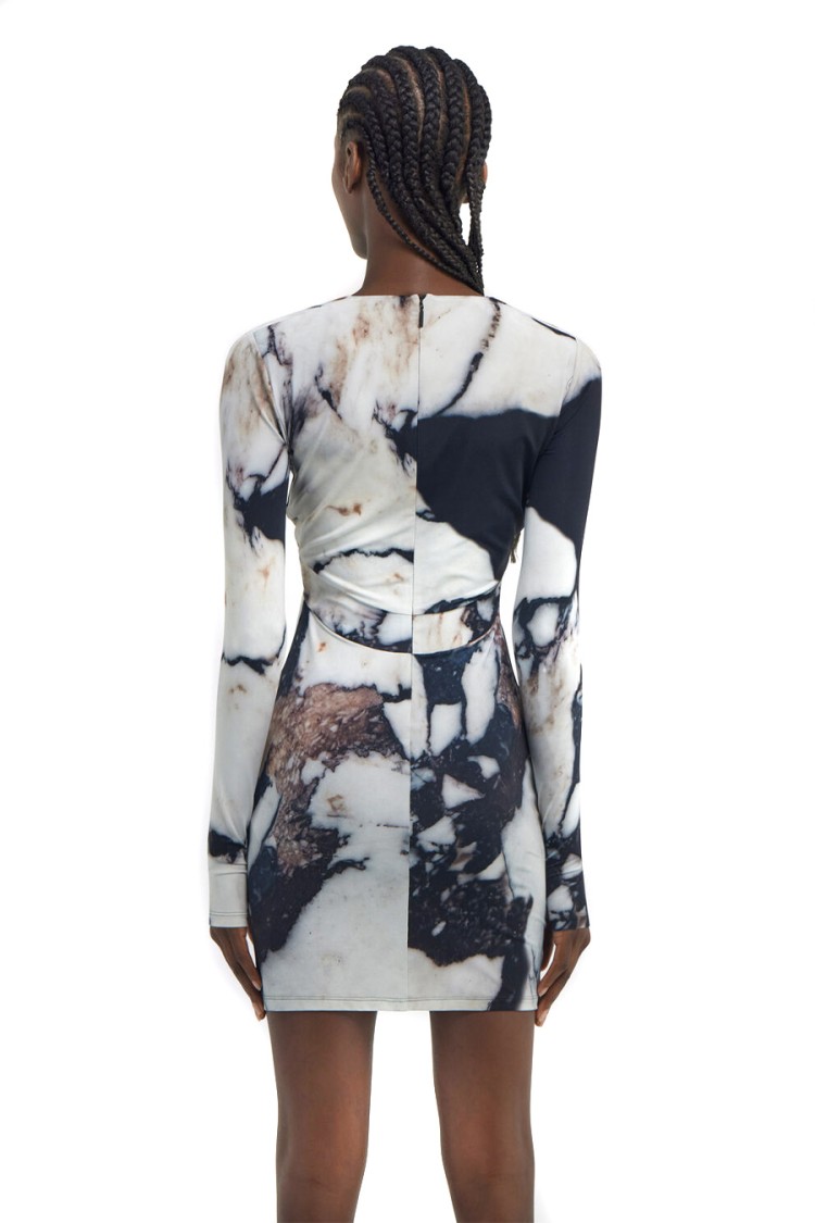 Roberto Cavalli Printed Abstract Fitted Mini V-neck Dress In Multicolor