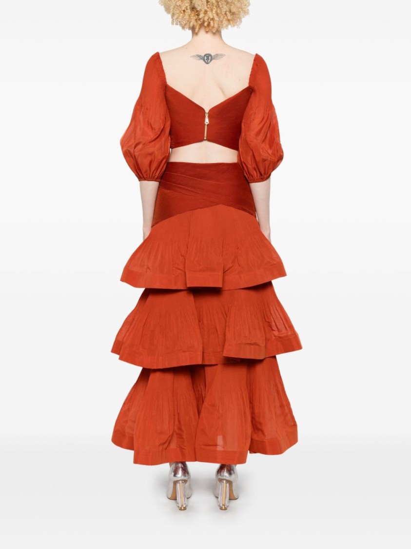 ZIMMERMANN ZIMMERMANN RUFFLED BRICK RED MAXI SKIRT WITH FLARED HEM AND DRAPED DETAIL
