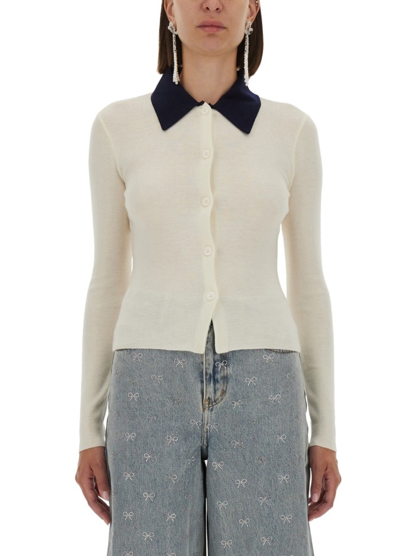 Self-portrait Button-front Cream Merino Wool Cardigan With Contrasting Collar In Gray