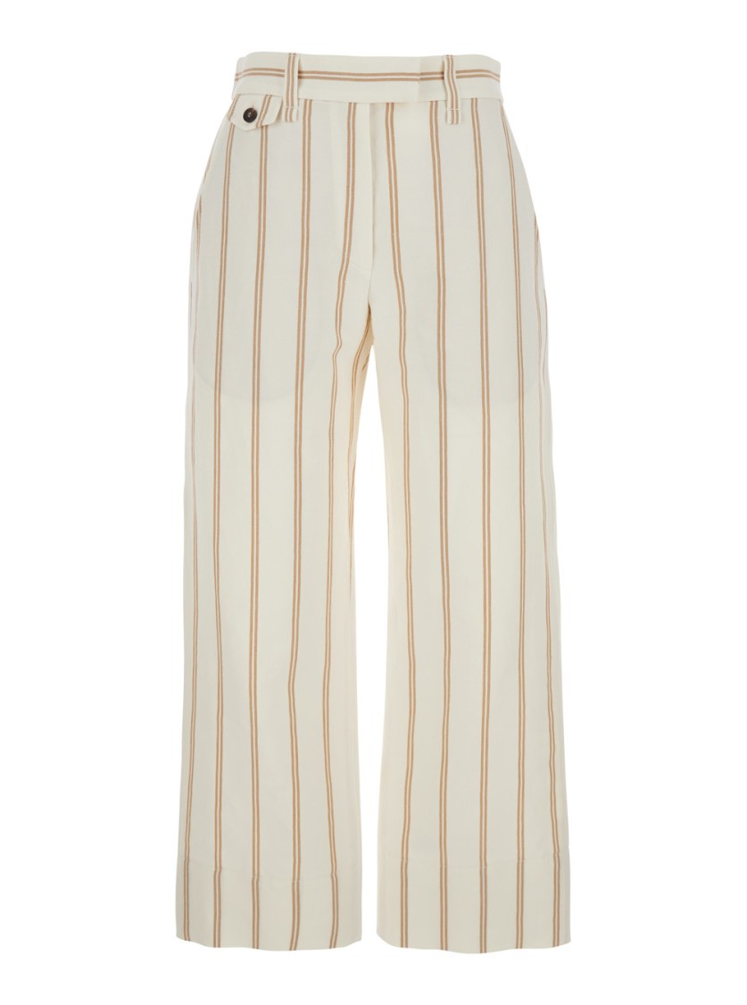 Brunello Cucinelli Multicolor Crop Pants With All-over Striped Motif And Monile Detail In Linen And Cotton Blend Woman