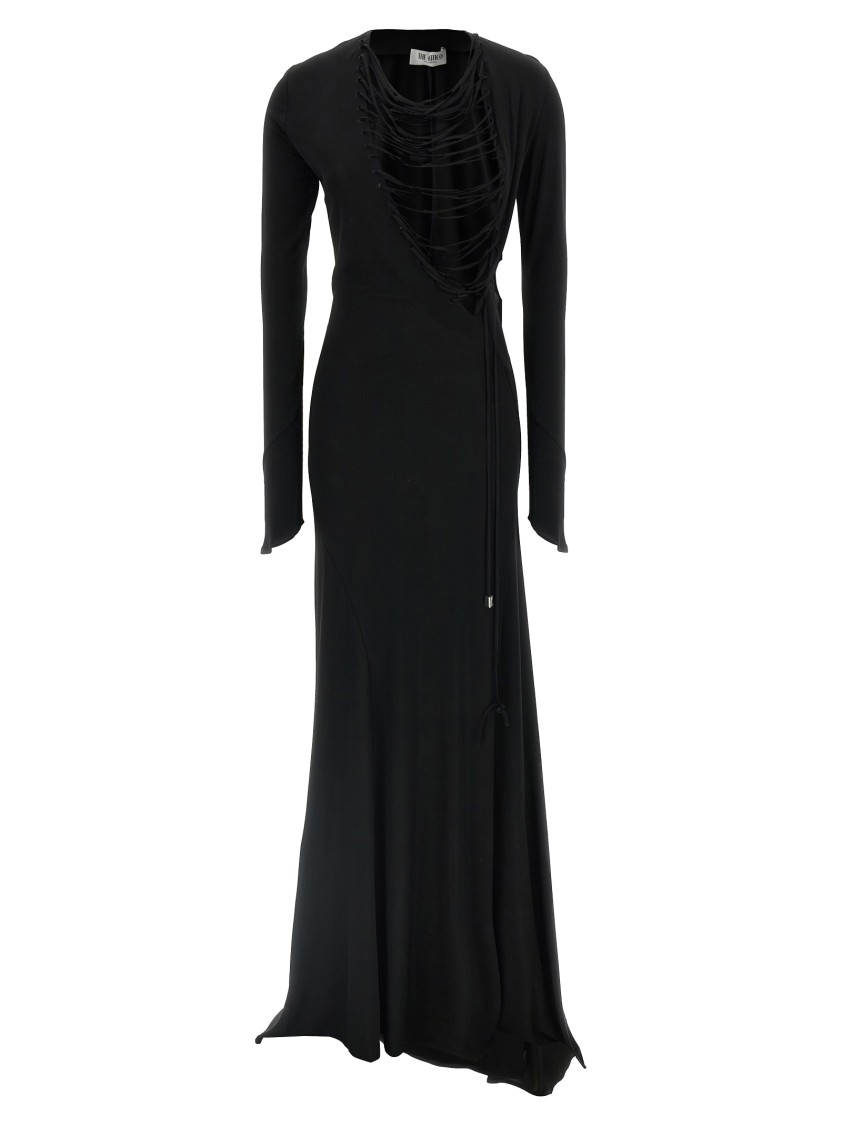 Attico Asymmetrical V-neck Dress With Flared Train In Black