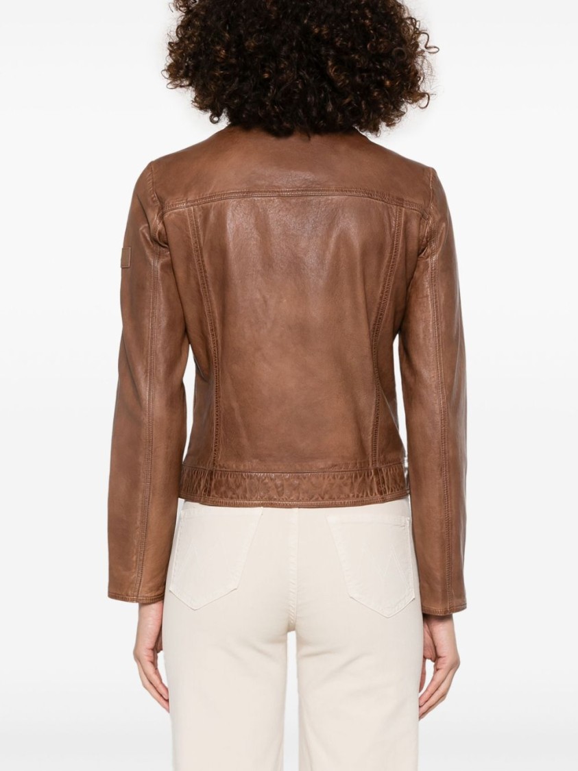 Peuterey Brown Leather Jacket With High Collar In Brown