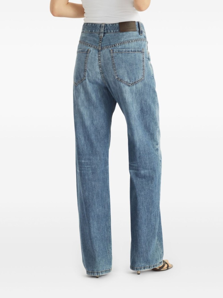 Brunello Cucinelli Wide-leg Blue Jeans With Whiskering Effect And Classic Five-pocket Design In Blue
