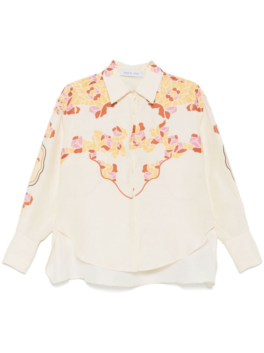 Shop Raquel Diniz Relaxed Ivory Linen Shirt With Floral Print In Neutrals