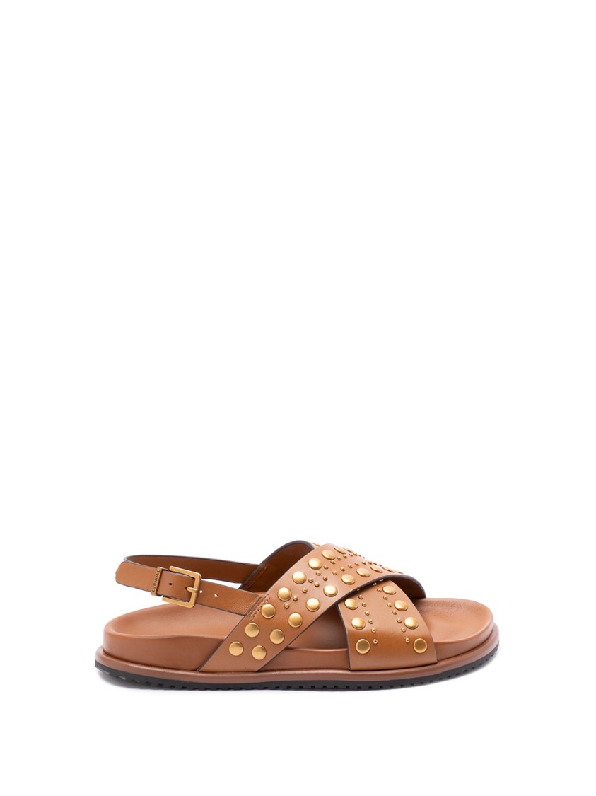 Twinset Twin-set Cross-strap Leather Sandals With Metallic Stud Accents In Brown