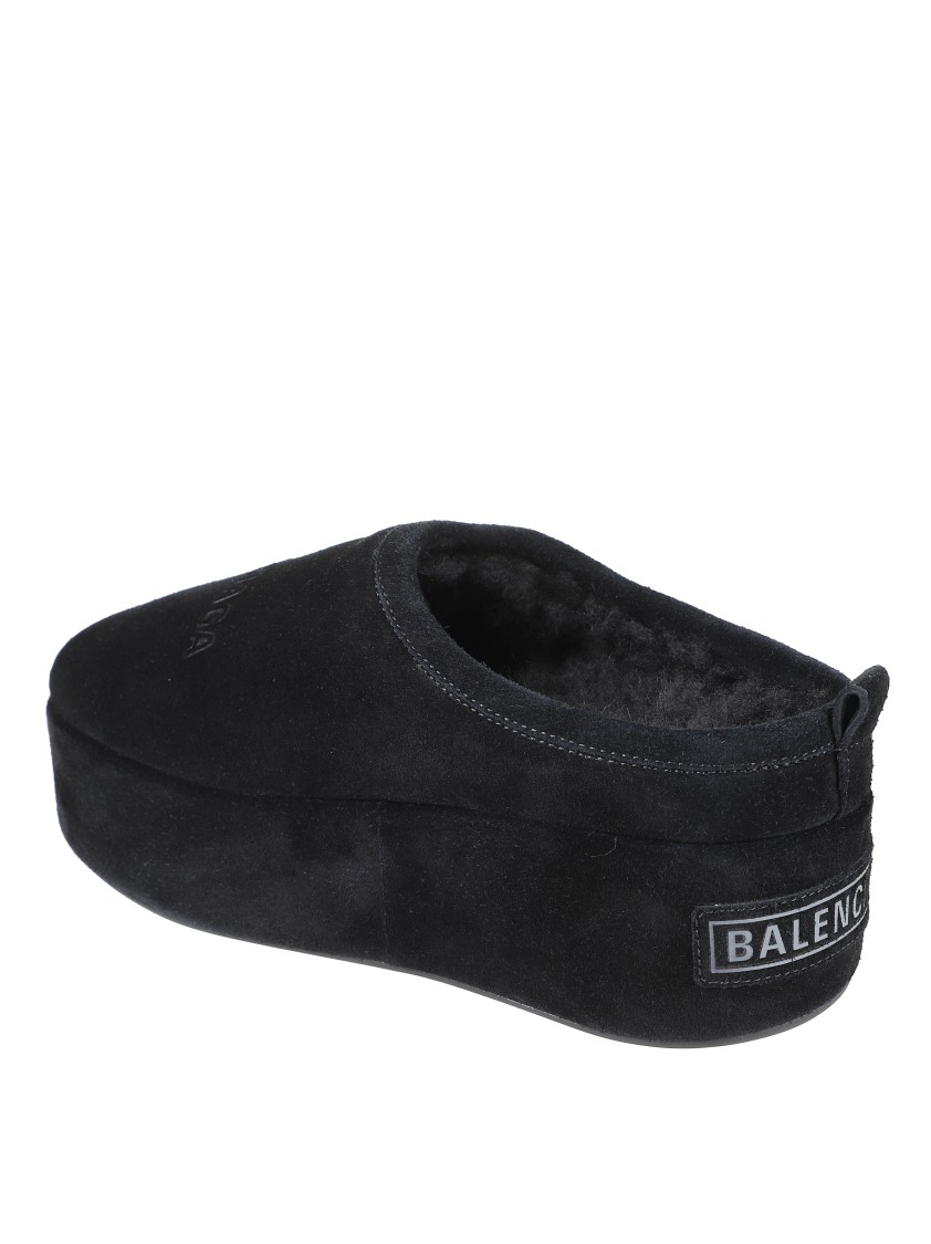 Balenciaga Suede Mules With Rounded Toe And Elevated Platform Sole In Black