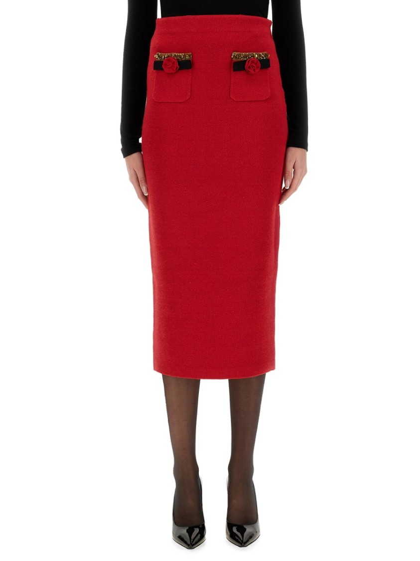 Self-portrait Embellished Knitted Midi Skirt In Red