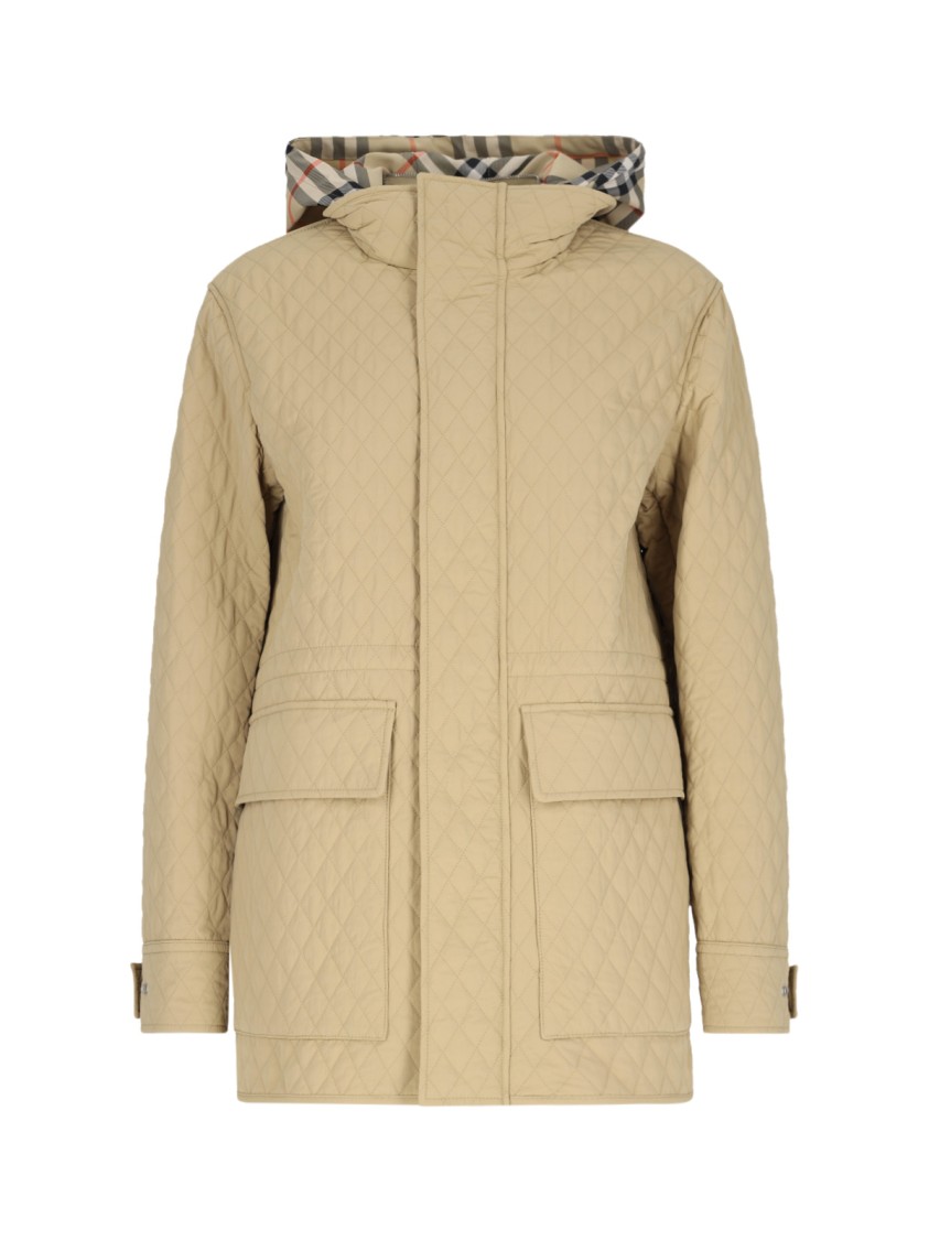 Burberry Quilted Nylon Jacket With Check Hood In Neutrals