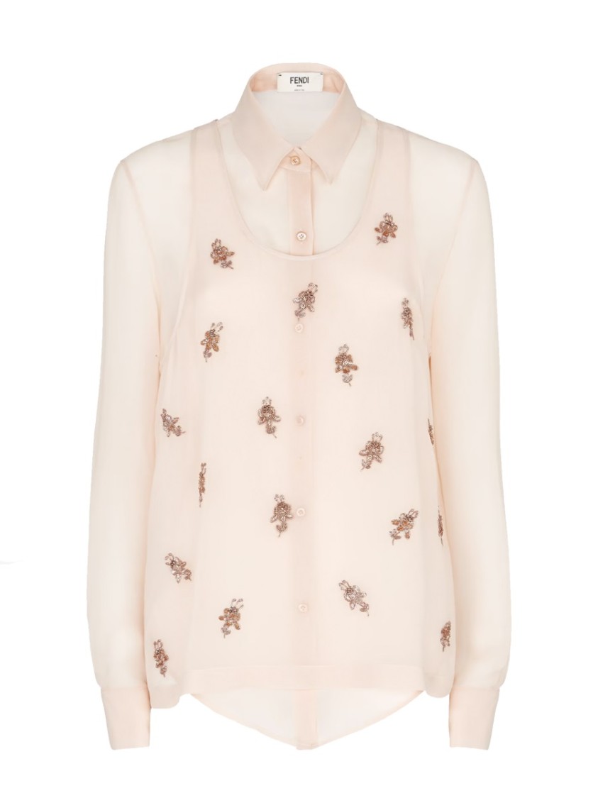 Fendi Georgette Top With Rhinestones And Sequins Embroidery In Neutral