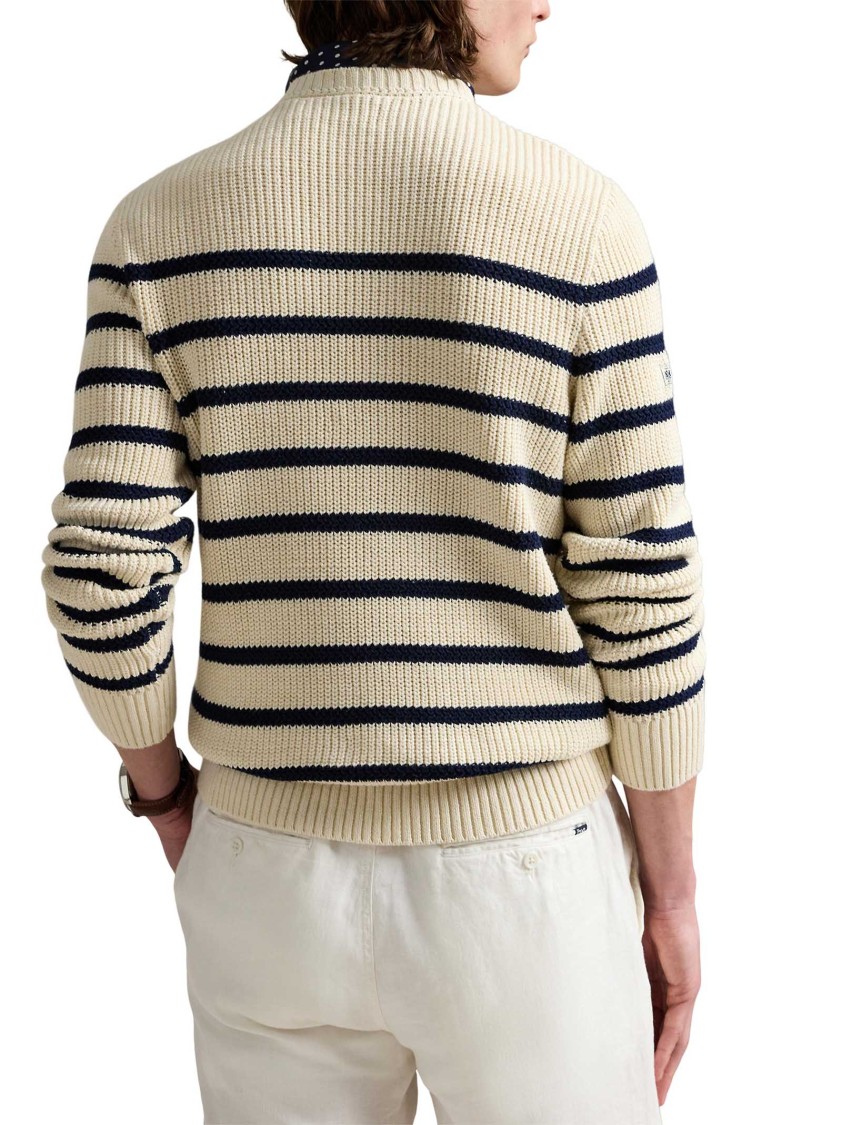 Shop Polo Ralph Lauren Cream Striped Crewneck Sweater With Shoulder Buttons