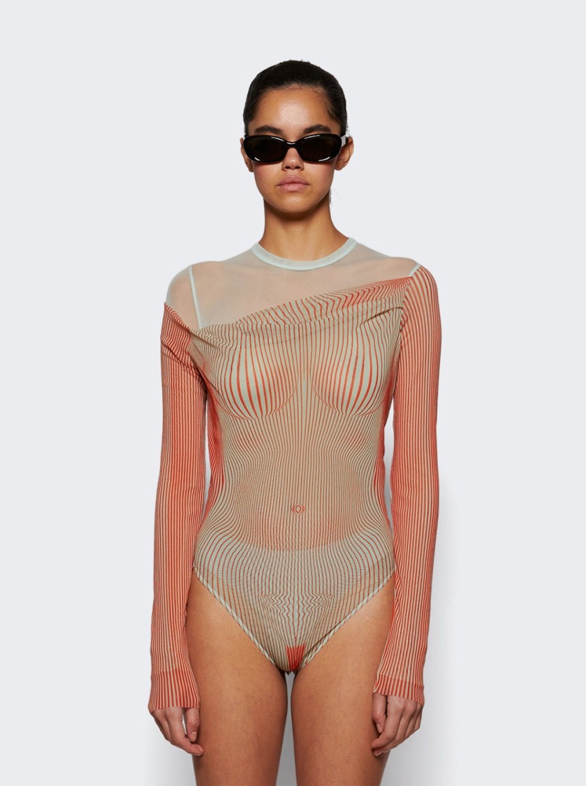 Shop Jean Paul Gaultier Double Layer Pinstripe Body Morphing Bodysuit Mint And Coral In Orange