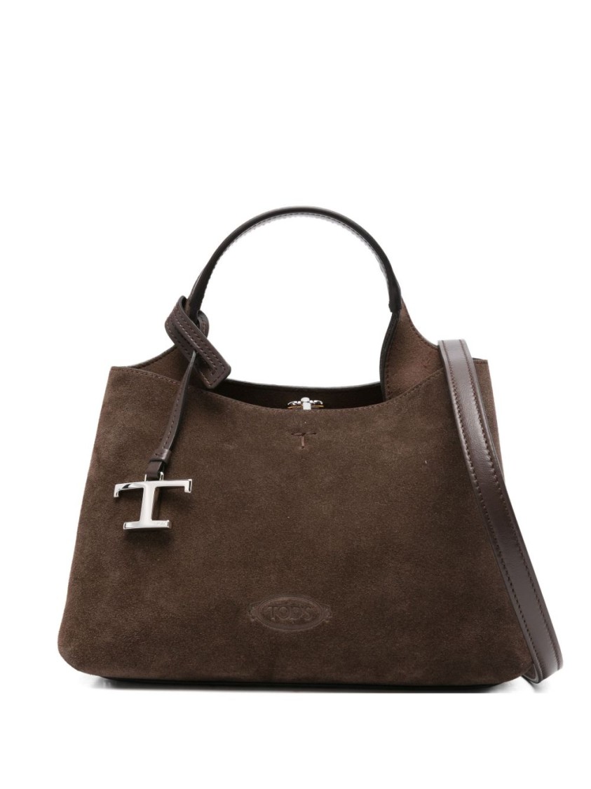 Tod's Structured Suede Handbag With Metallic Logo Charm In Brown