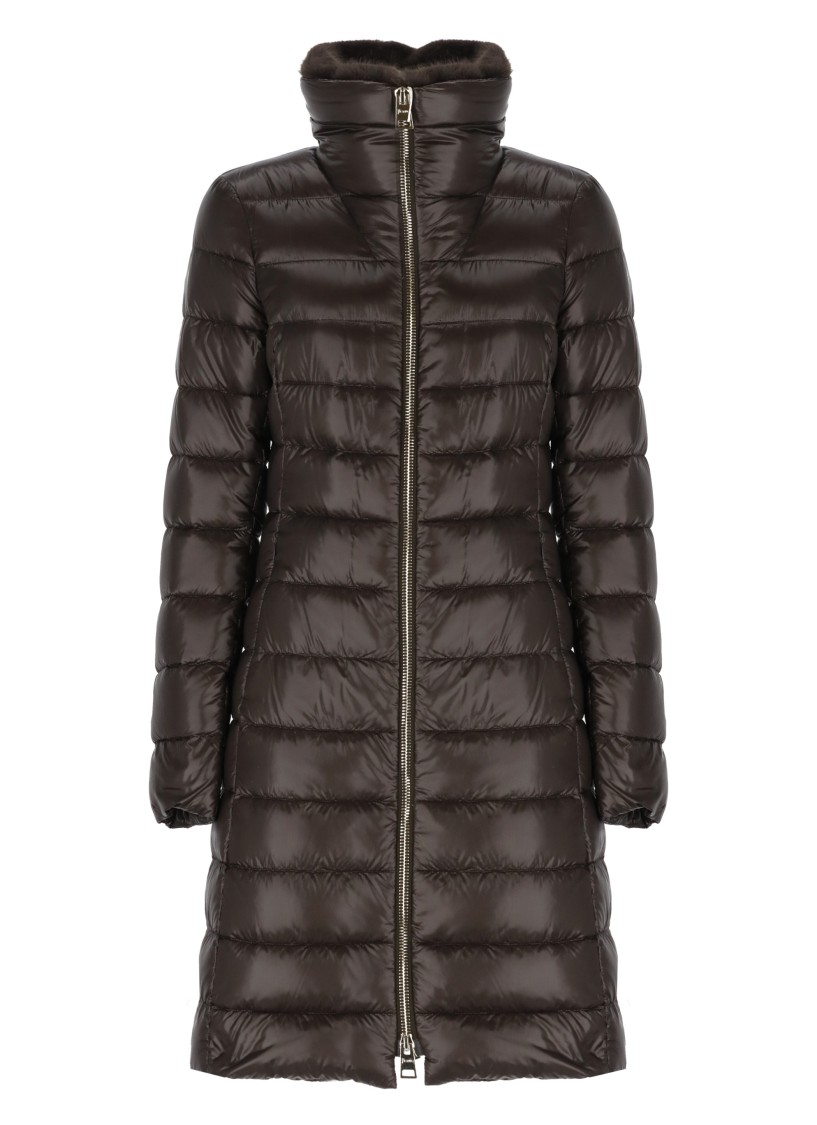 Herno Long Black Hooded Coat In Nylon Woman In Brown