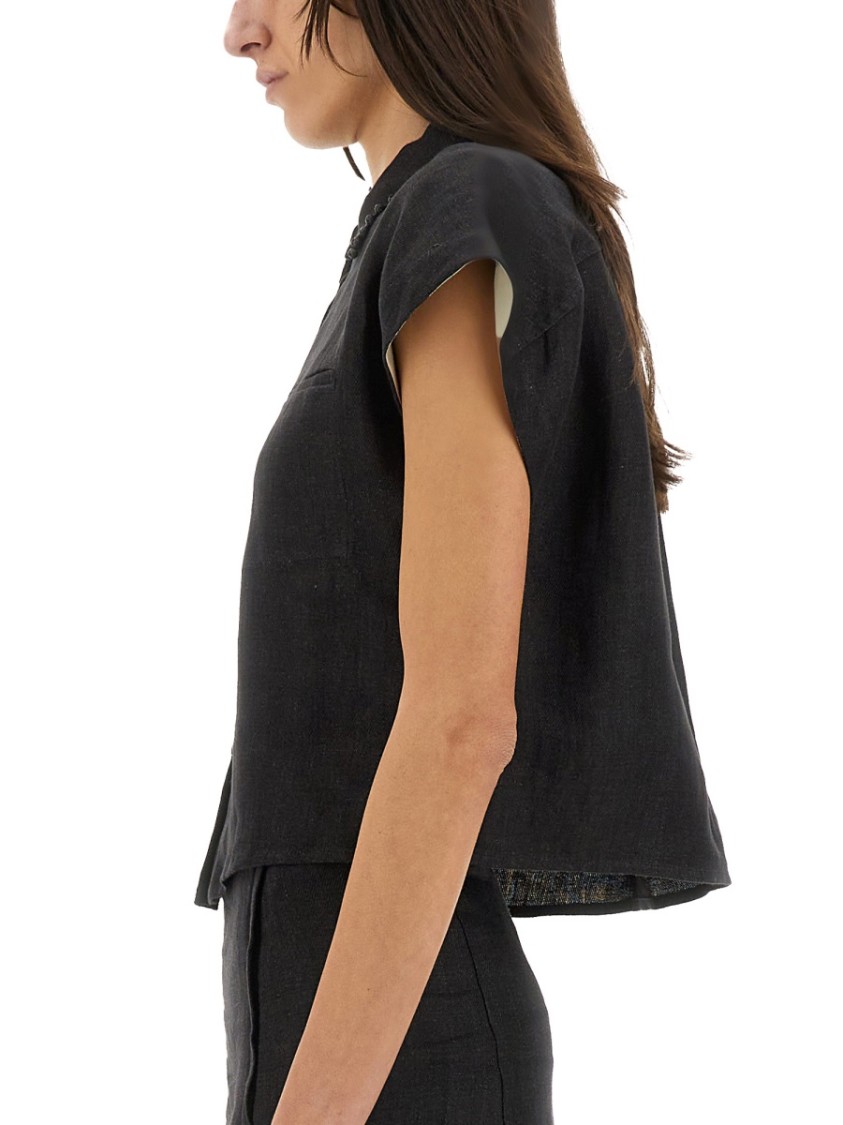Shop Alysi Cropped Linen Shirt With Classic Collar In Grey