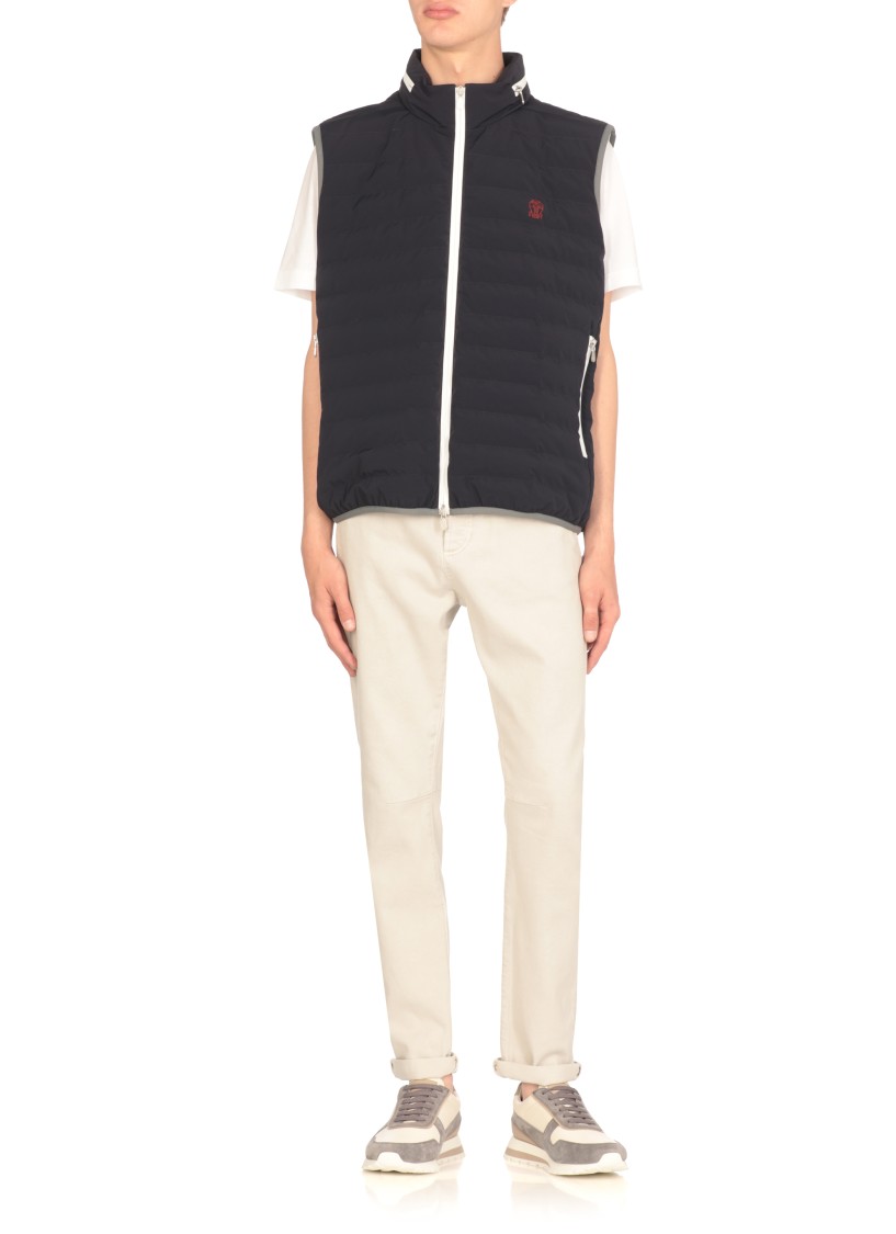 Brunello Cucinelli Men Sleeveless Nylon Down Jacket With Logo And Removable Hood