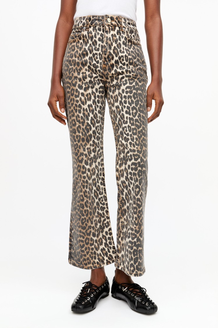 Ganni Leopard Print Cropped Jeans With Flared Hem