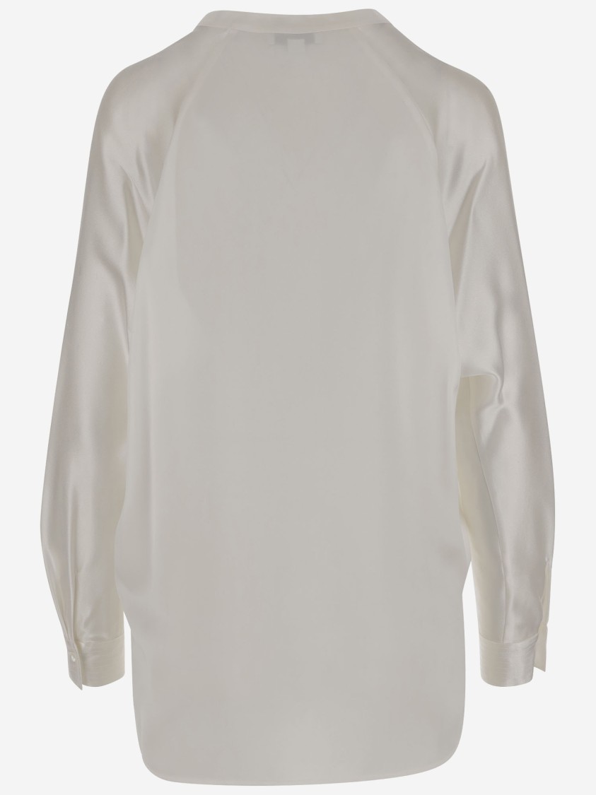 Vince Silk Satin Blouse With V-neck And Asymmetrical Hem In Neutral
