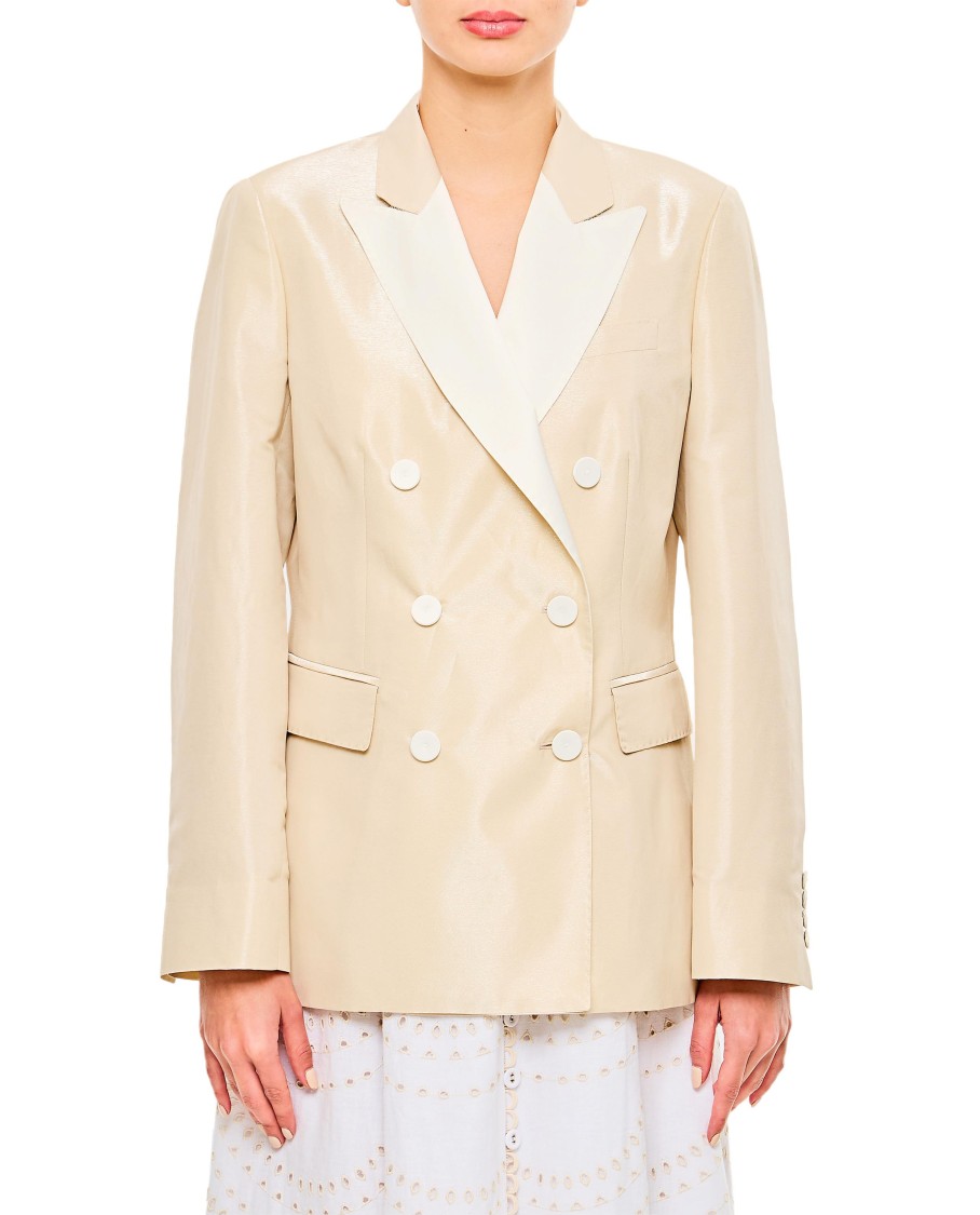 Alberto Biani Beige Double-breasted Jacket With Flap Pockets And Shiny Finish In Neutral