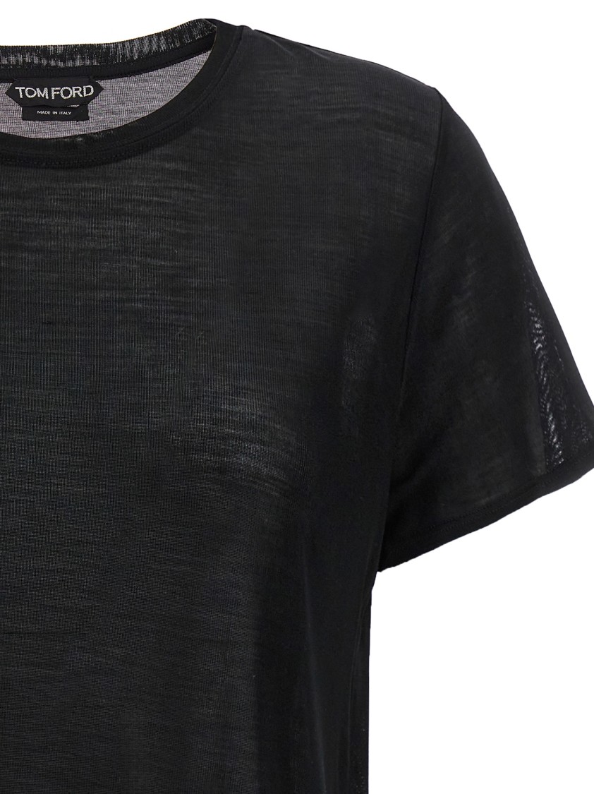 Tom Ford Sheer Silk T-shirt With Gold Logo Plaque In Black