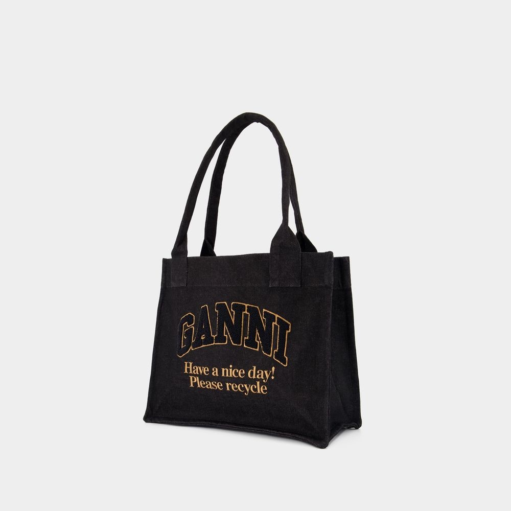 Ganni Large Easy Shopper Bag - Cotton - Black In Black