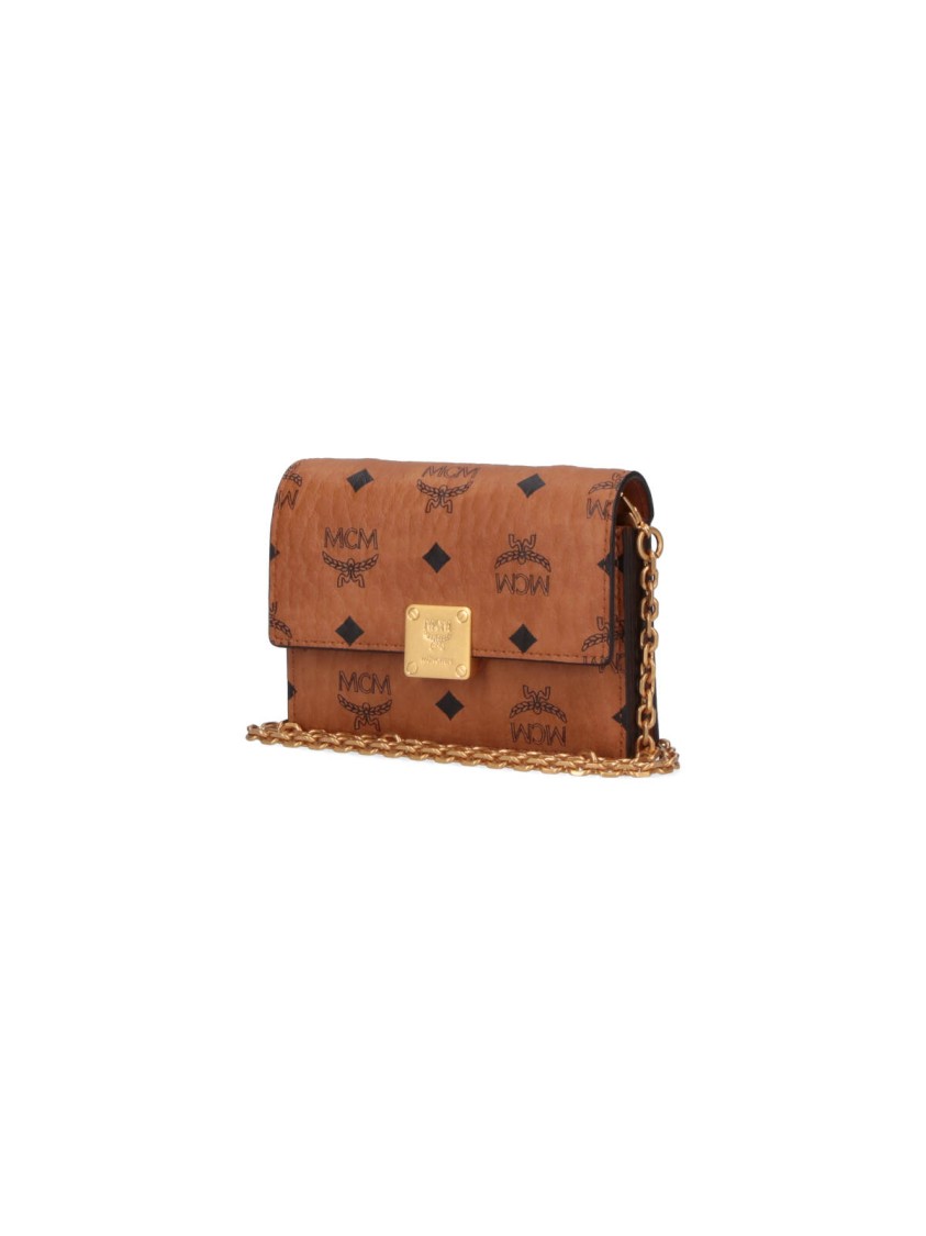 Mcm Logo Print Brown Wallet With Chain Strap In Brown