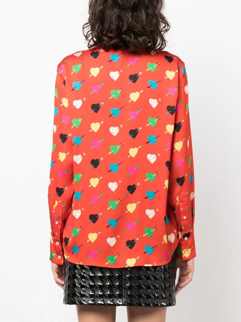 Msgm Red Shirt With Arrowed Heart Print Motif In Red